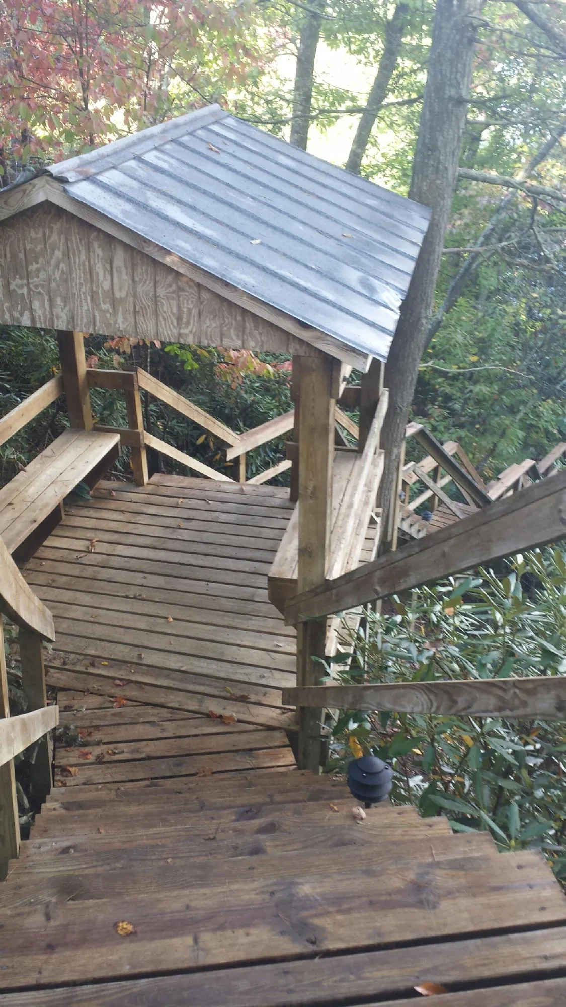 Metal roofed shelter over wooden steps on a wooded walkway — Skylight Repair & Installation work by our crew in Parrish